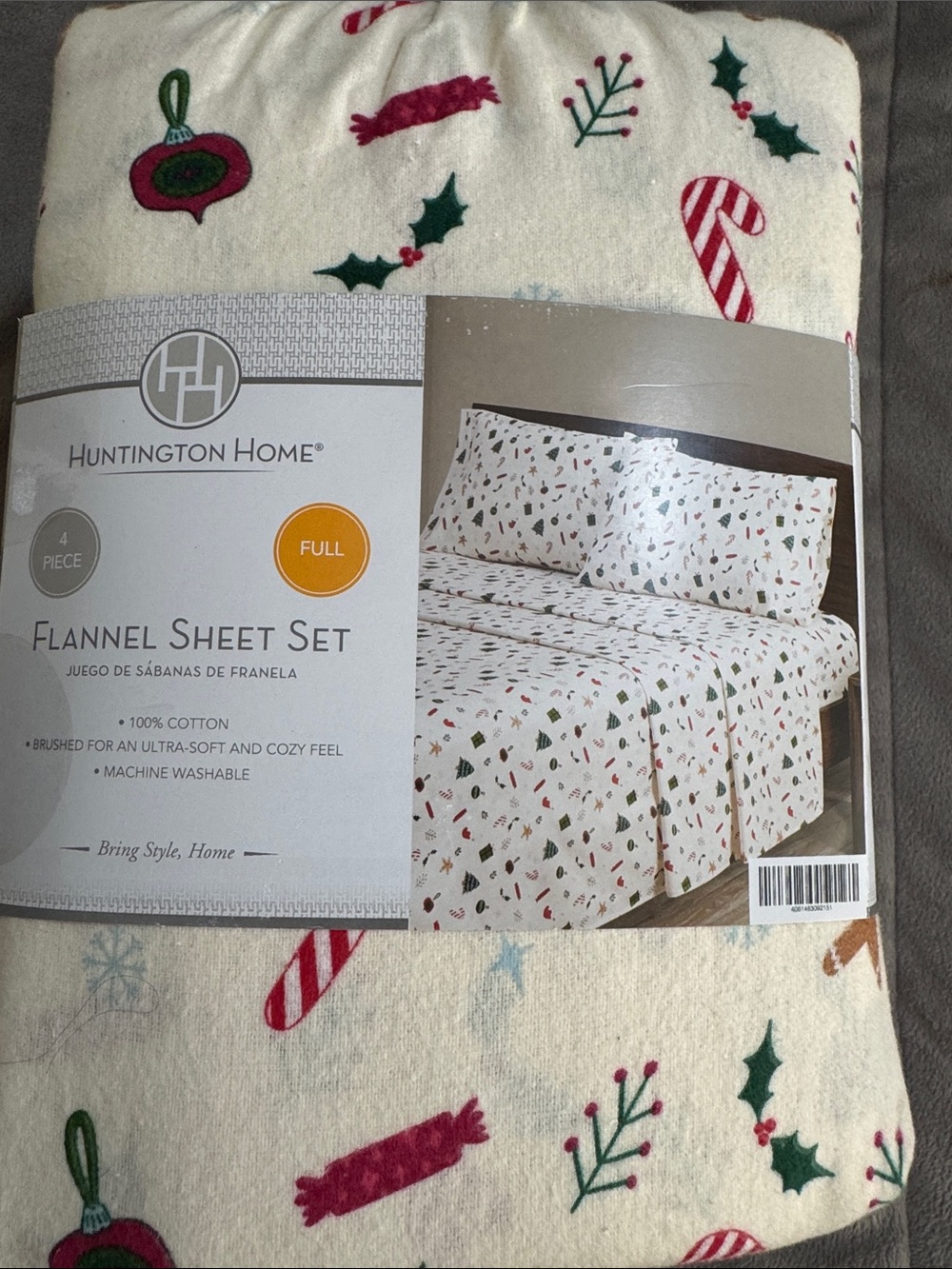 NWT Huntington Home Cream Holiday Christmas 100% cotton Flannel Sheet Set full